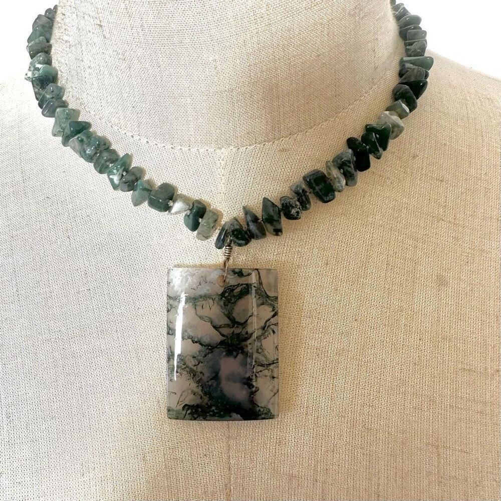 Moss agate sterling silver pendant necklace
